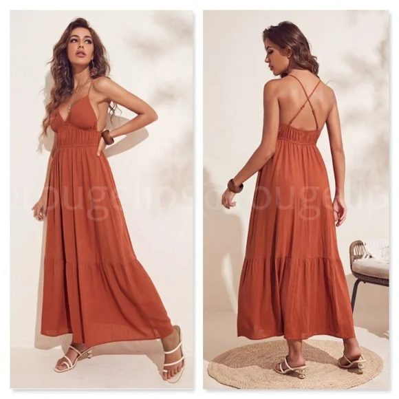 green emerald velvet dress Anna Mix Maxi Dress in Burnt Orange Small